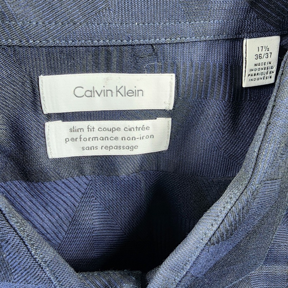 Calvin Klein Mens Slim Fit Performance Non Iron Dress Shirt 17.5 36/37 Navy Blue - Picture 2 of 7